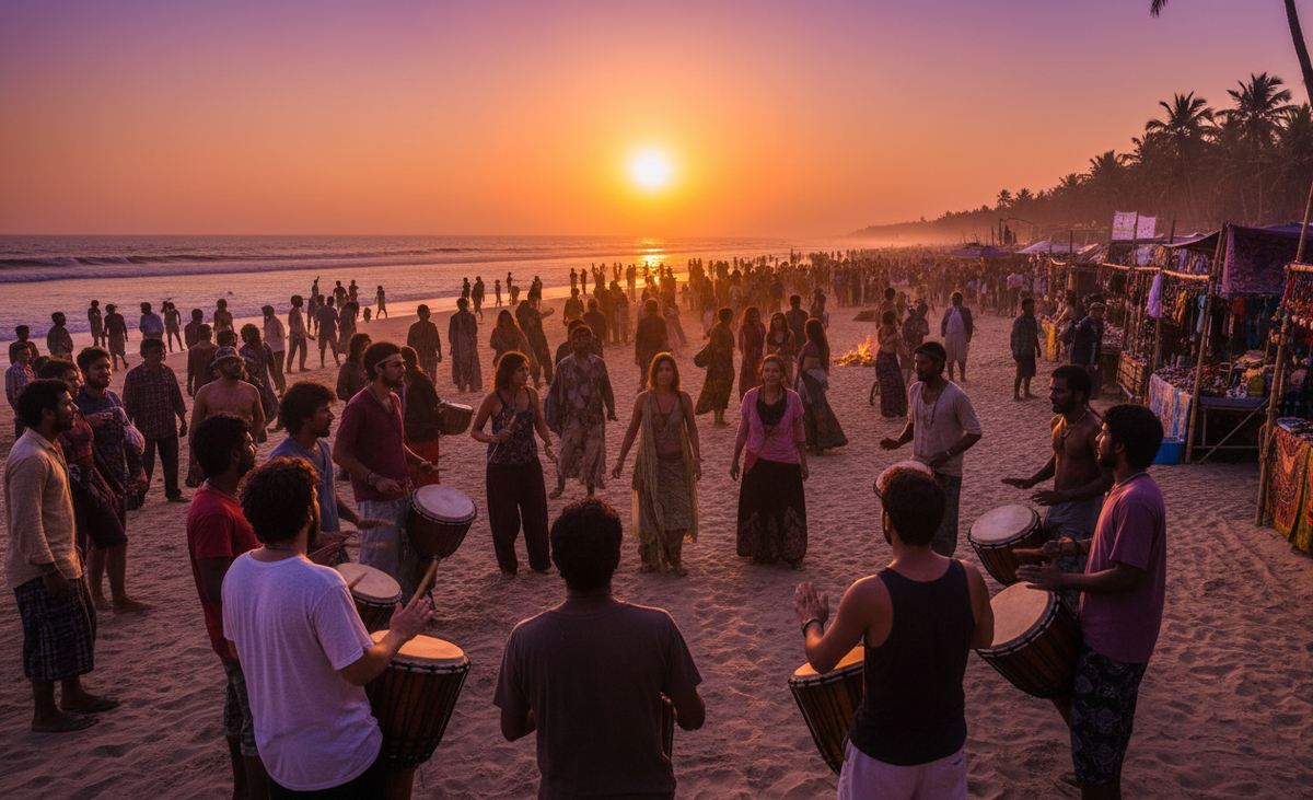 Закат в Арамболе, драм - серкл, тусовка на пляже Северного Гоа.