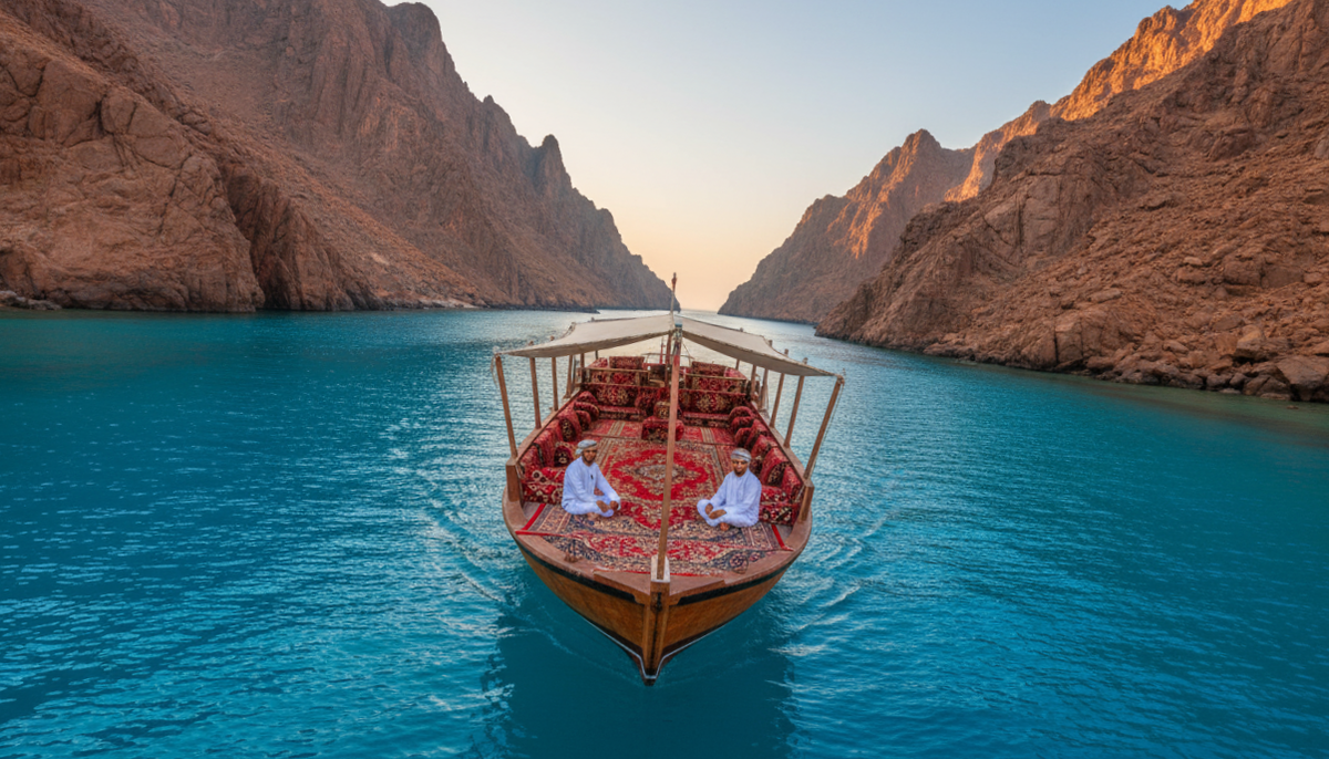 Фьорды Мусандама, Оман. Морская прогулка на лодке - дау, круиз по фьордам.