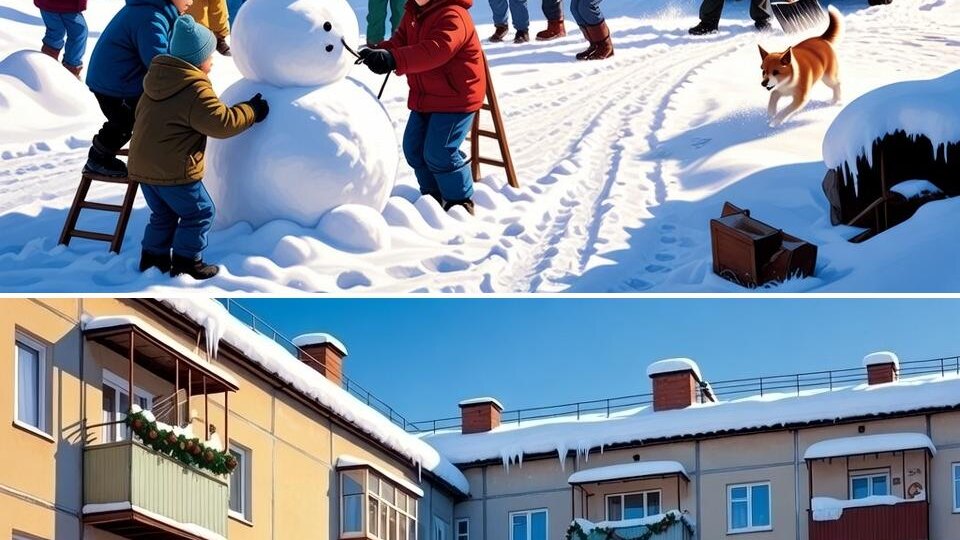 Тест на внимательность. Зимний двор и весёлый снеговик. 7 отличий.