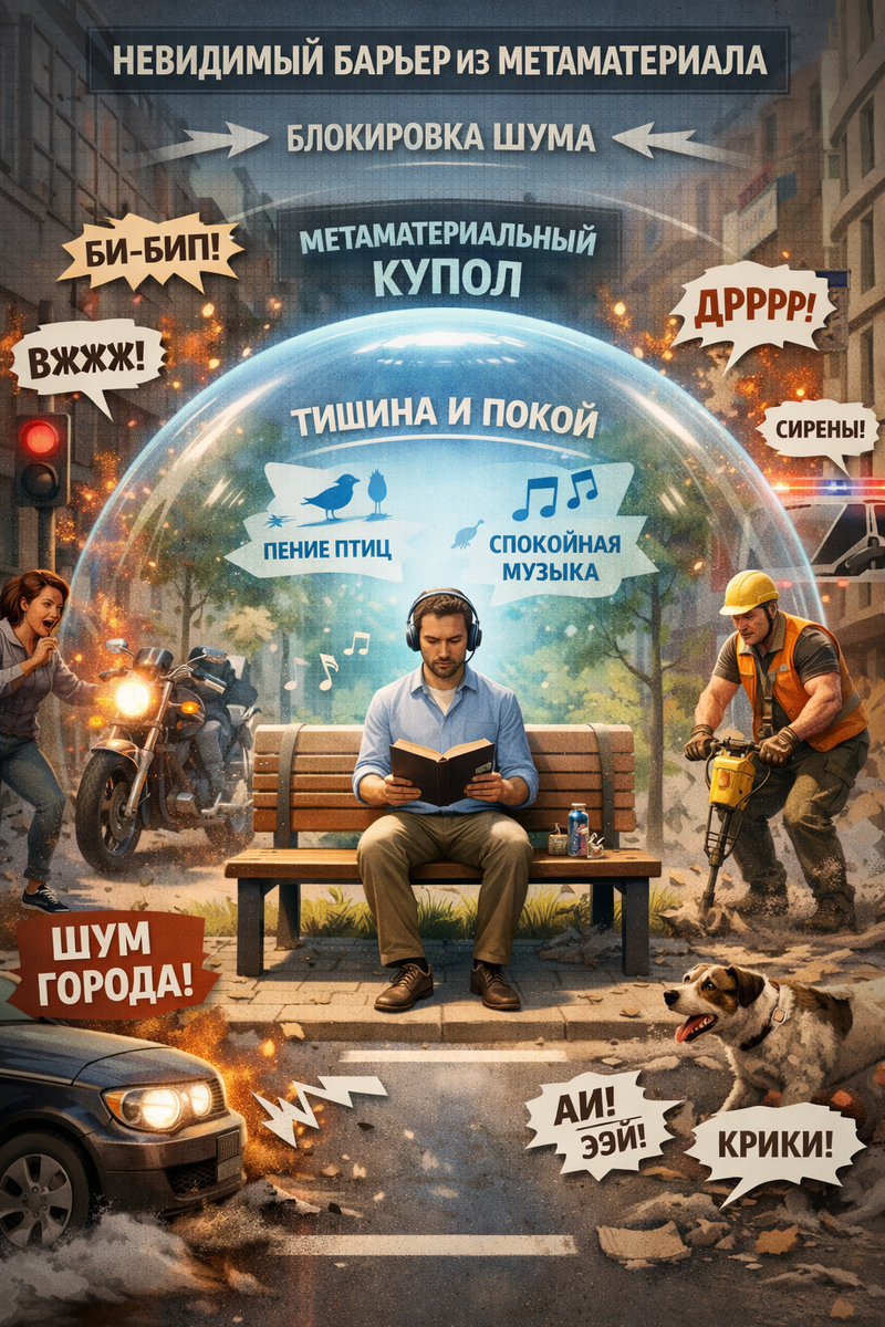 Инфографика или 3D-визуализация, показывающая резкий контраст между шумной улицей и тихим «пузырём» вокруг человека, созданным невидимой структурой метаматериала