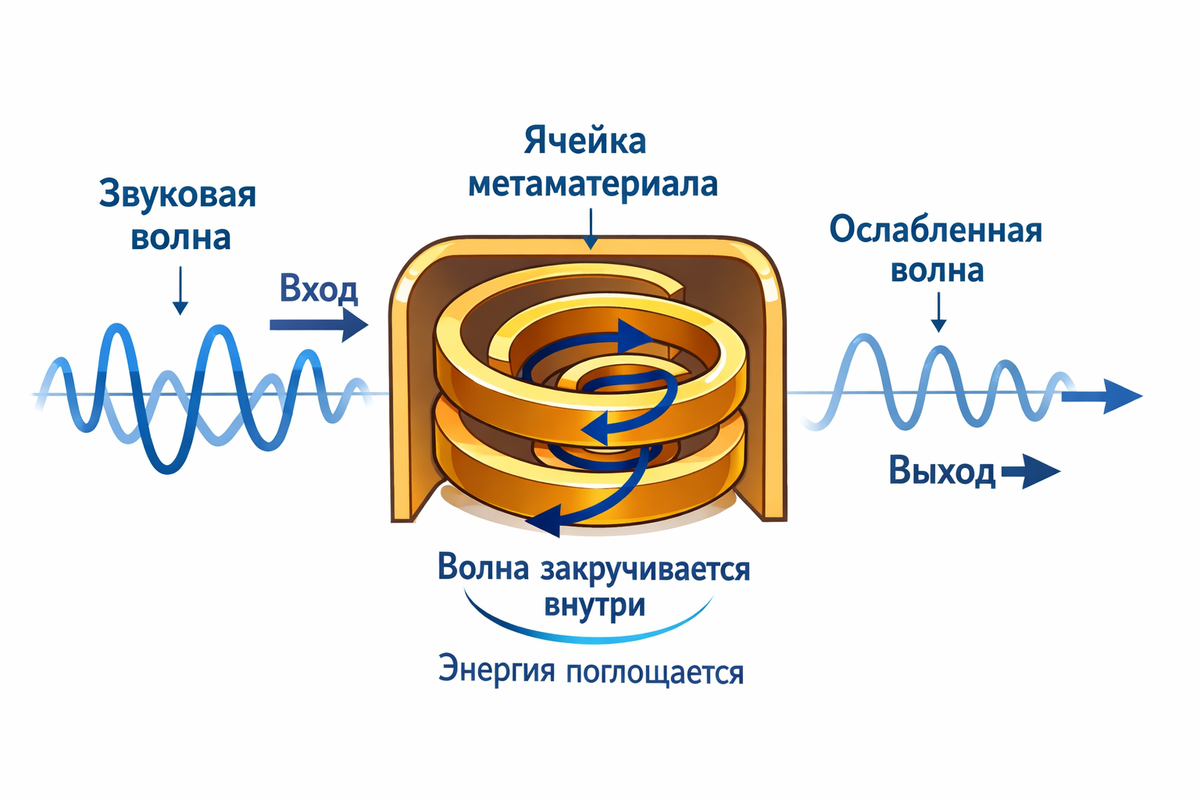 Схематичная анимация или рисунок, демонстрирующий, как звуковая волна (условные синусоиды) взаимодействует с ячейкой метаматериала (например, спиралью). Показано, как волна «закручивается» внутри и ослабевает