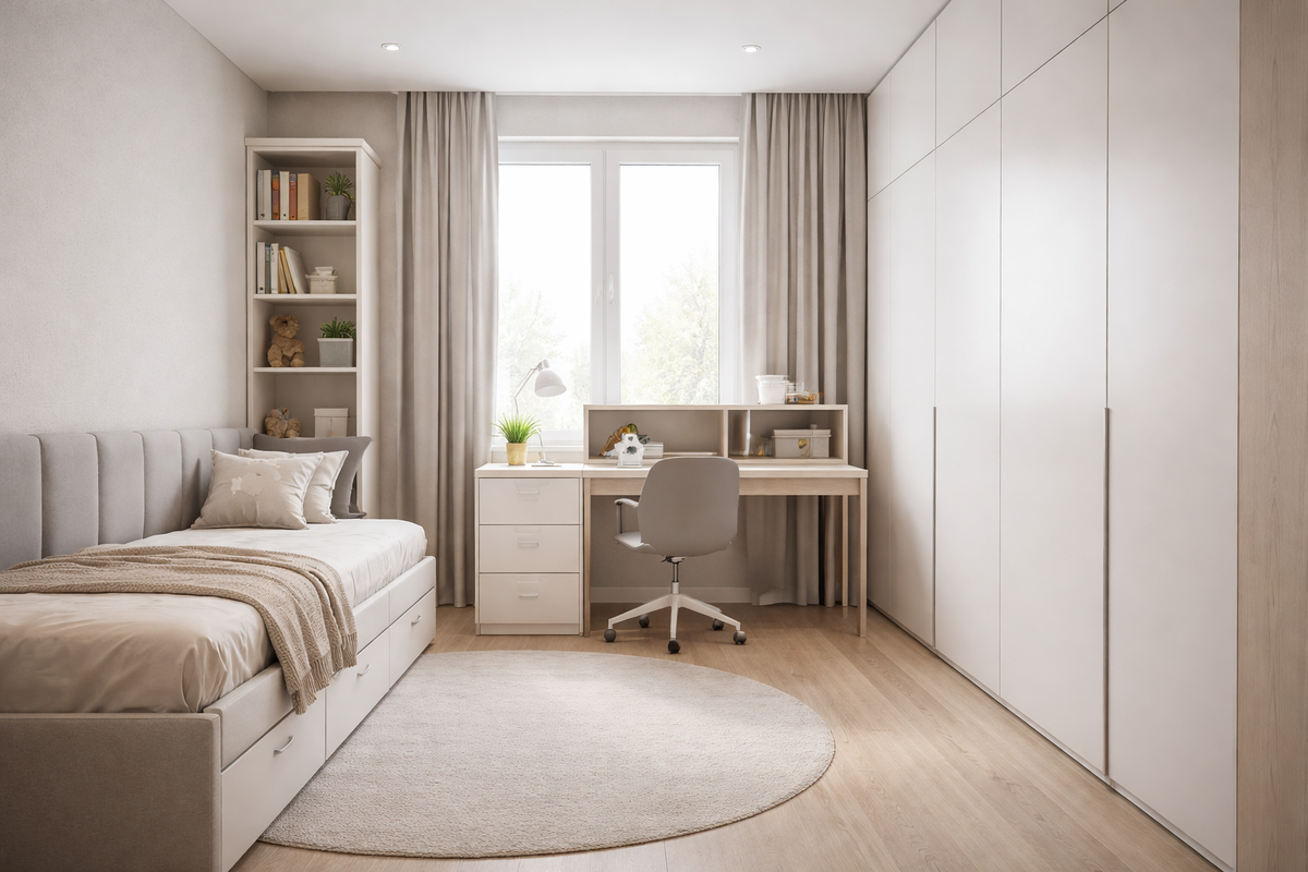 Пример функциональной детской комнаты: сон, учеба и хранение в одном компактном пространстве