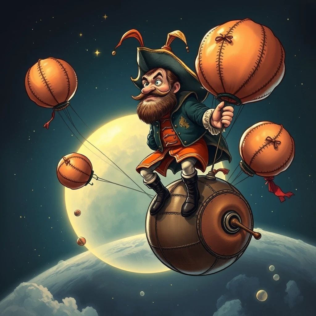 В своих двух путешествиях на Луну, описанных Распе, барон Мюнгхаузен никогда не долетал туда на ядре. В фильме все закончилось на моменте подъема в пушку... Вроде бы все это выглядит как-то незаконченно для такого великого человека, как барон Мюнгхаузен. И вот, в архивах, был обнаружен сей манускрипт. Ура! Все же было путешествие на ядре на Луну. Просто, чисто из своей скромности, барон о нем умолчал. Приводим здесь краткое описание путешествия.