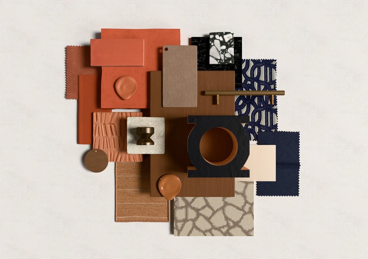 Мудборд показывает сочетания оттенков, которые работают вместе, создавая теплую и динамичную атмосферу.