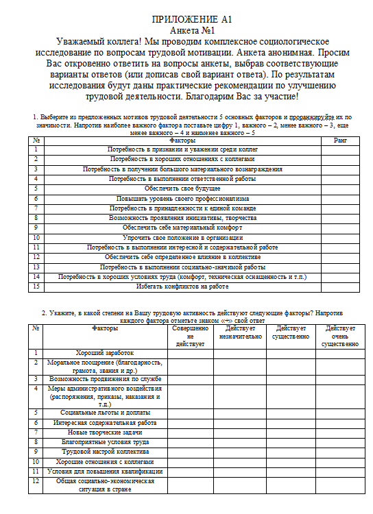 ПРИЛОЖЕНИЕ А1 - Анкета №1
