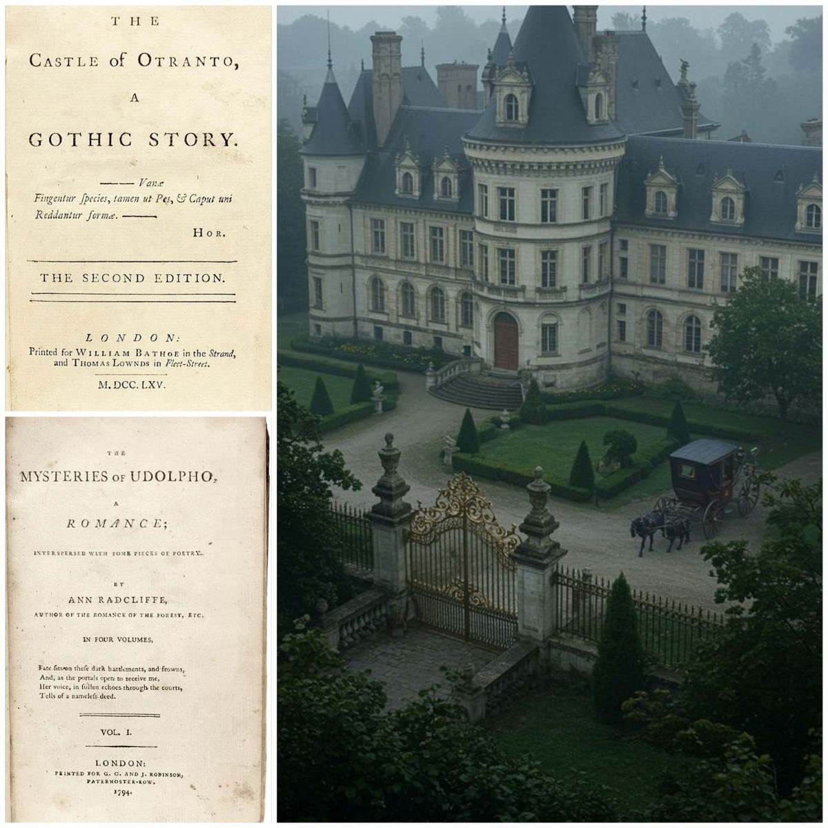 Титульный лист раннего издания The Castle of Otranto — показывает оформление первых публикаций. 
Первое издание The Mysteries of Udolpho — роман Энны Радклифф 1794 года, ставший краеугольным камнем готического романа и важным шагом к более эмоционально насыщенным и пугающим любовным сюжетам