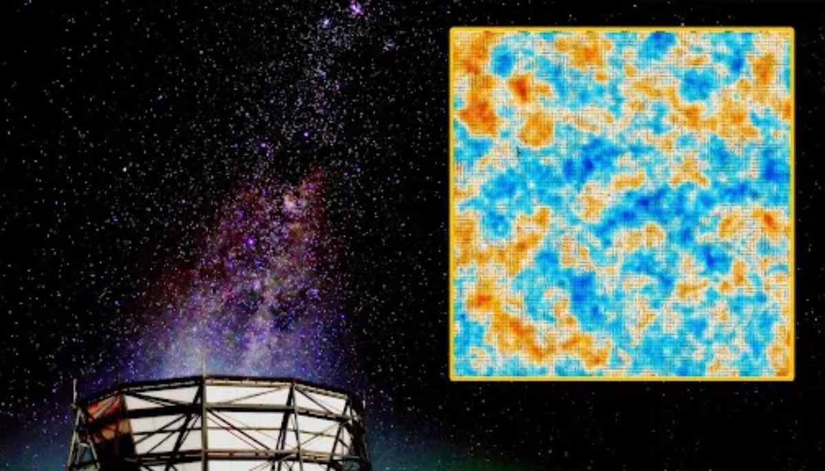    Фотография Атакамского космологического телескопа в Чили, наложенная на рисунок из его окончательной версии данных. На рисунке показано направление магнитной поляризации в микроволновом диапазоне, относящемся к одним из самых ранних периодов существования Вселенной.