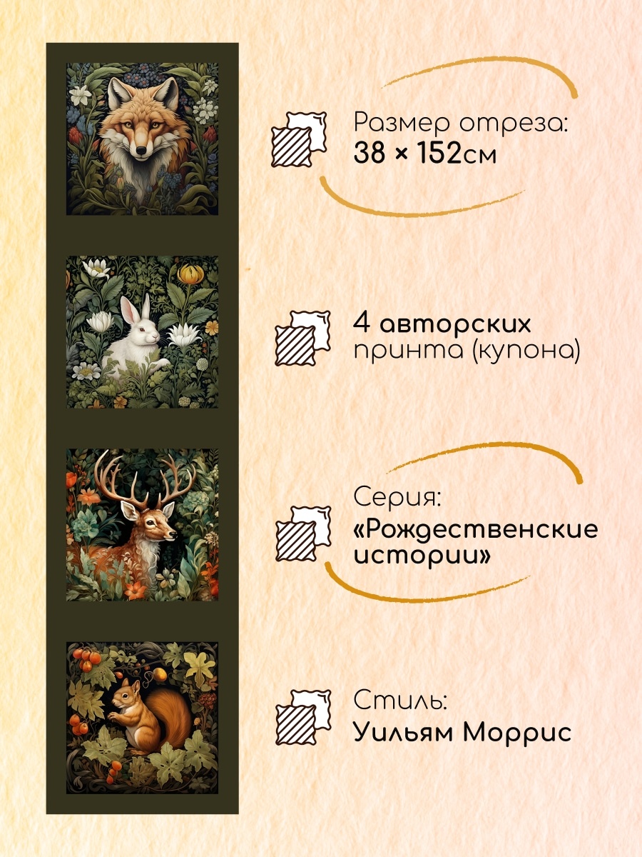 Принт "Лиса, Олень, Заяц, Белка" из серии "Легенды Леса" в стиле Уильяма Морриса: Размеры отреза ткани 4 купона для творчества и рукоделия | ARTGARDEN