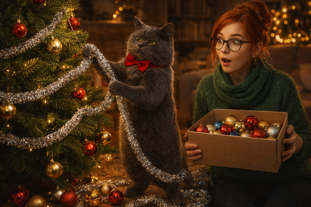 Иллюстрация создана автором с помощью нейросети специально для статьи
"Пушистый дизайнер показывает хозяйке, как правильно украшать новогоднюю елку: с душой и творческим подходом"