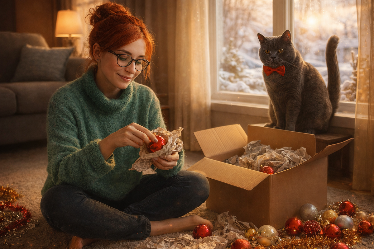 Иллюстрация создана автором с помощью нейросети специально для статьи
"Пушистый эксперт проводит аудит праздничного декора: каждый шарик под пристальным вниманием"