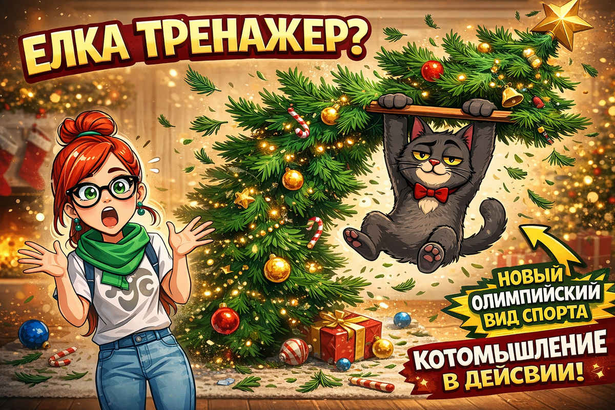 Иллюстрация создана автором с помощью нейросети специально для статьи
"Момент, когда понимаешь: елка для кота — не украшение, а личный спортзал. Классическая новогодняя котологика в действии."