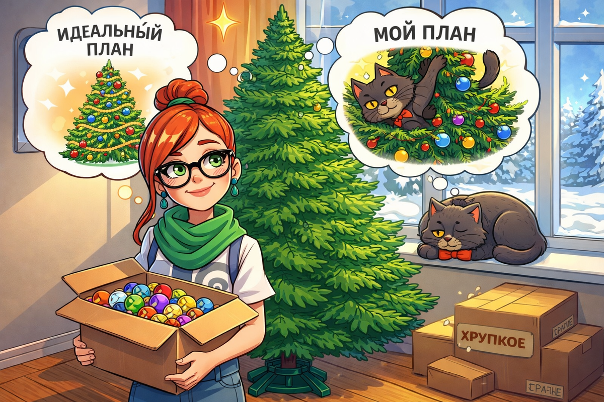 Иллюстрация создана автором с помощью нейросети специально для статьи
"Классический момент перед новогодним хаосом: хозяйка верит в идеальный план, а кот уже готовит проказу"