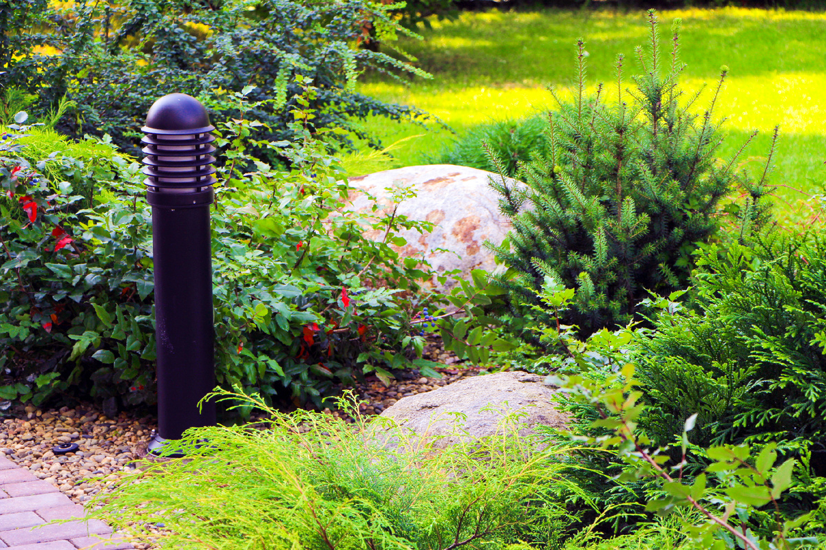 Композиция с северной стороны дома из теневыносливых хвойных и лиственных кустарников.