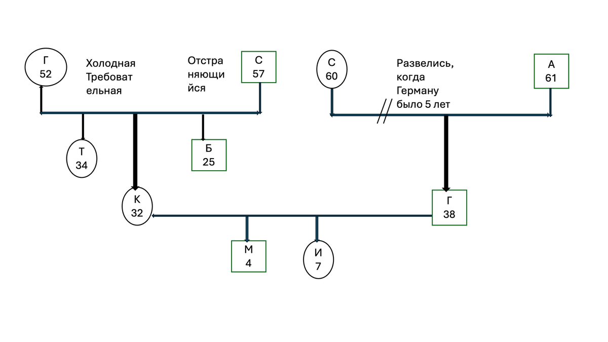 Часть генограммы пары Кристины и Германа, они в браке 10 лет, у них двое детей. Из-за проблем во взаимотношениях, Герман заговорил о разводе. Кристина очень боится его потерять.