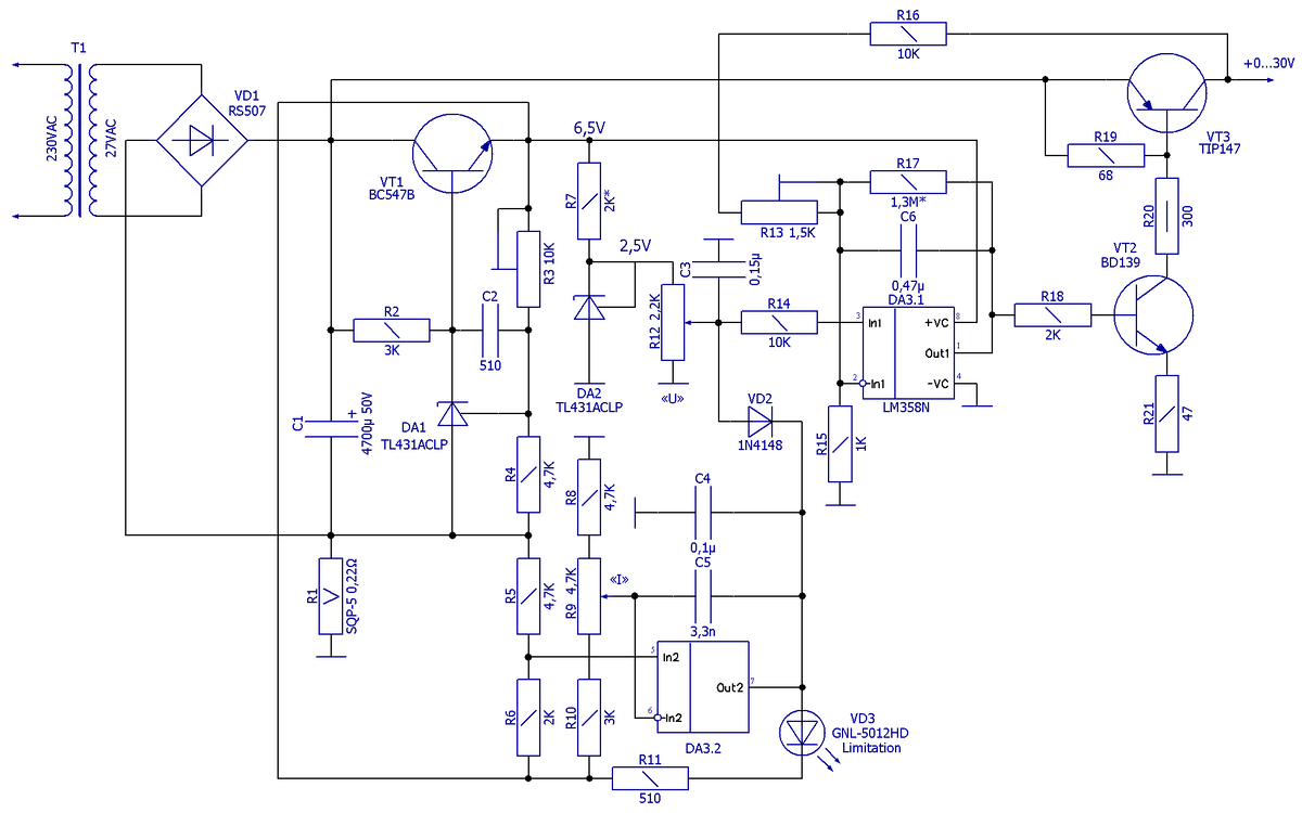 Схема электрическая принципиальная ЛБП 0...30 В с плавной регулировкой ограничения тока