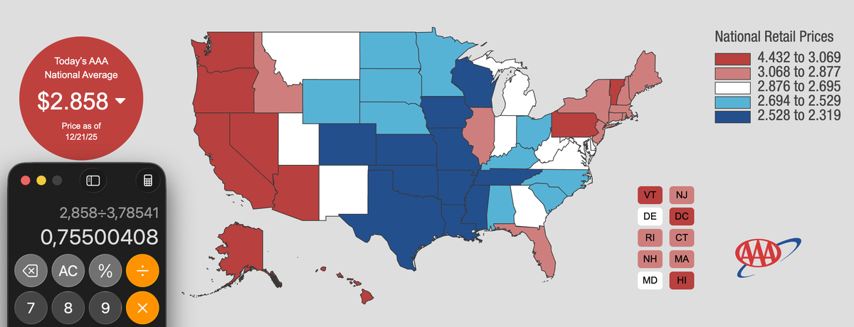 Цены по штатам варьируют от 0,61 до 1,17 доллара за литр
