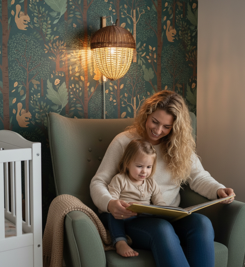 Наш светильник "Желудь" дает приглушенный свет и создает уютную романтичную атмосферу в детской.