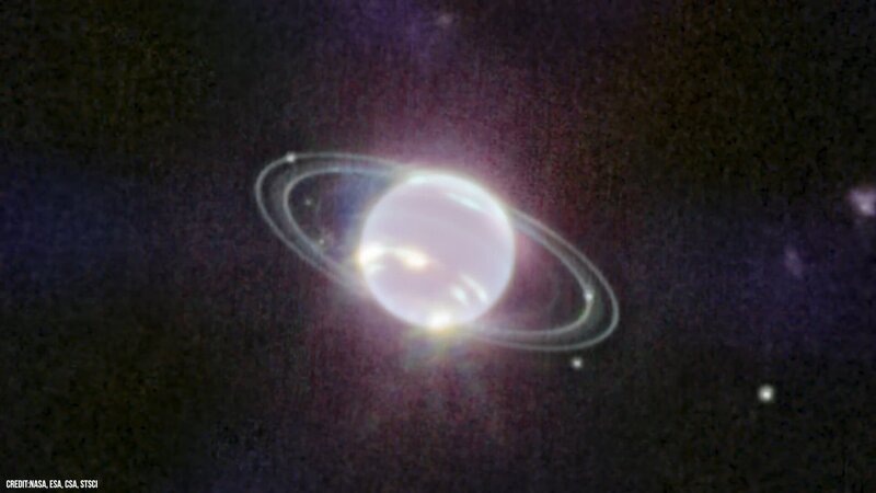 Фото планеты Нептун, сделанное космическим телескопом «Джеймс Уэбб». Кольца планеты состоят из пыли и мелкого мусора. 