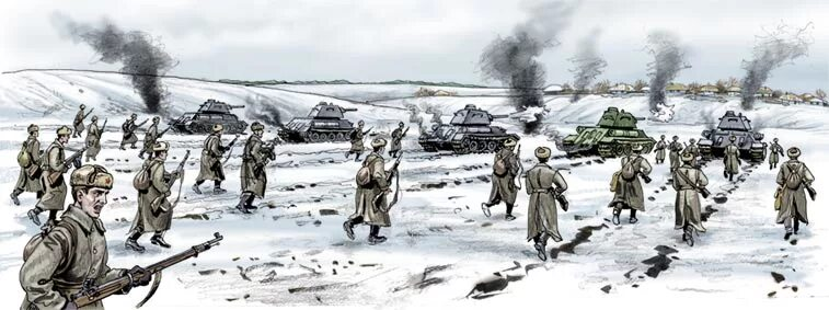 Наступление советских танков и пехоты под Корсунем-Шевченковским. Рисунок военного корреспондента, 1944.