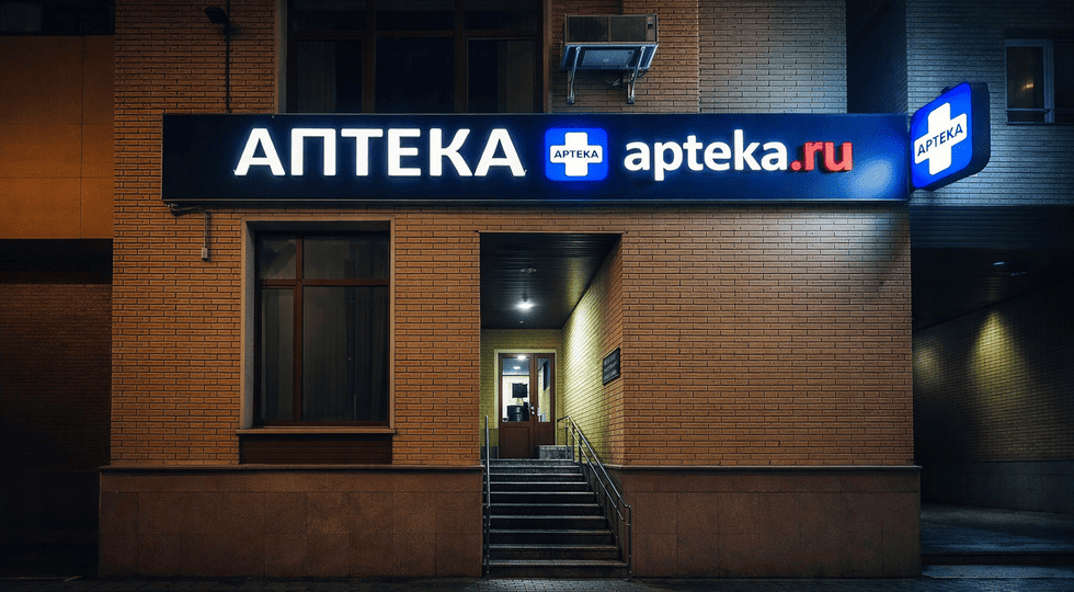 Фасадная вывеска для аптеки: читаемость, доверие и свет в городском ритме