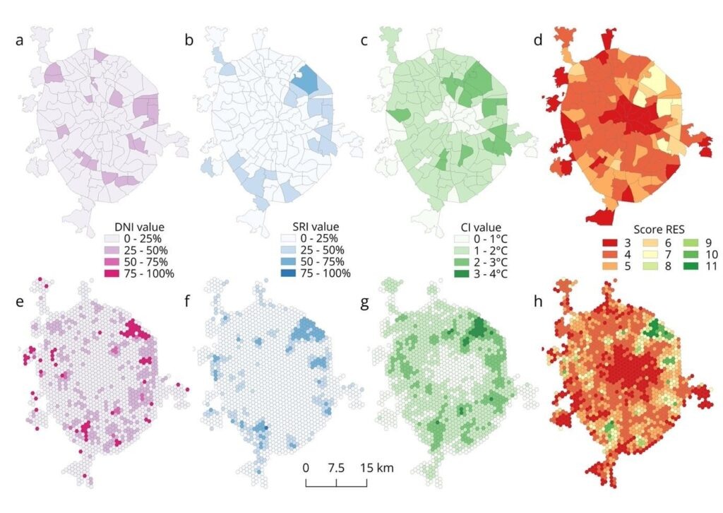 Показатели обеспеченности ВЗИ при расчёте индекса для районов и для ячеек. A, e – шумо- и пылезащита, b, f – поглощение поверхностного стока, c, g – охлаждение воздуха в летний период. Карты e и h отображают суммарные показатели ВЗИ по всем упомянутым параметрам  📷
