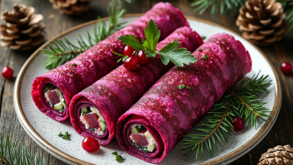 Не салат, а рулеты: селедка под шубой в свекольных блинах — эффектная новогодняя подача