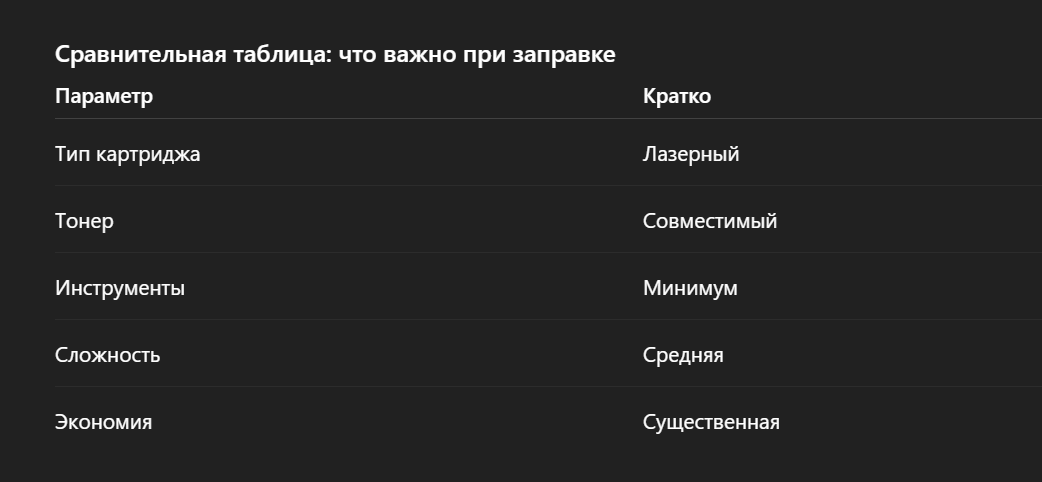 Сравнительная таблица: что важно при заправке