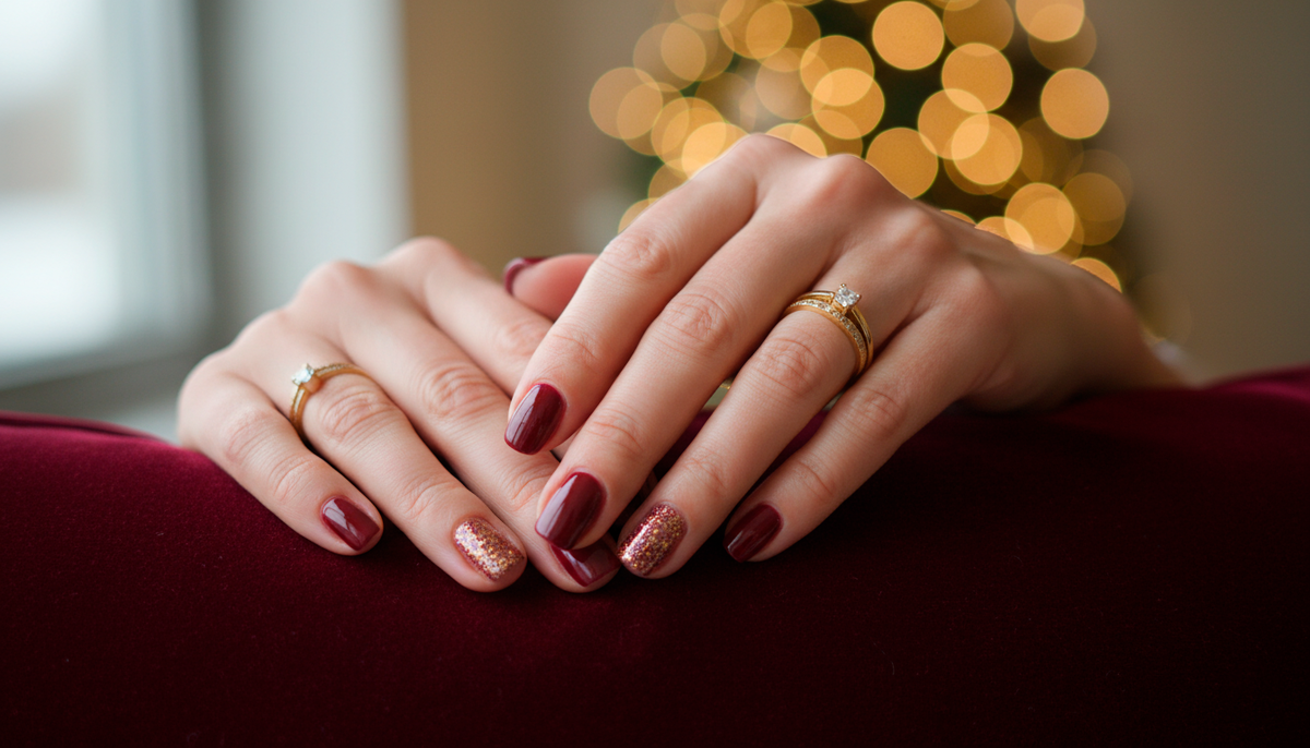 Элегантные руки с идеальным новогодним маникюром — красиво, празднично и по-взрослому стильно. Без перебора, без вульгарности — именно то, что нужно для встречи Нового года!
