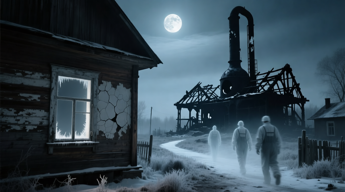 По направлению к лесу, едва касаясь земли, брела расплывчатая тень. За ней — ещё одна. Силуэты в тяжёлой, пропитанной сажей одежде. Они не смотрели по сторонам. Они шли на работу.