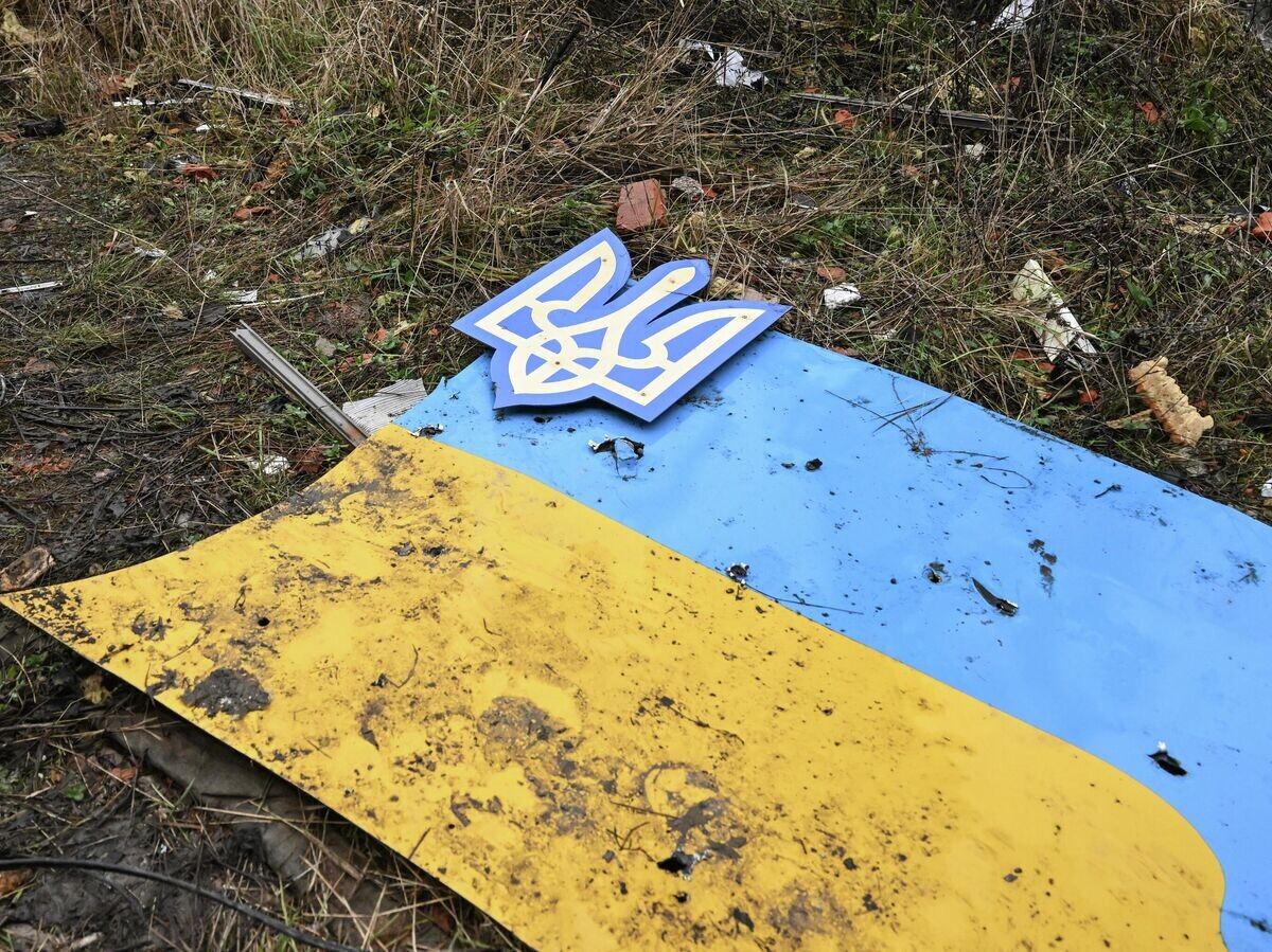    Флаг и герб Украины в освобожденном российскими войсками группировки войск "Центр" Красноармейске в ДНР | © РИА Новости / Станислав Красильников