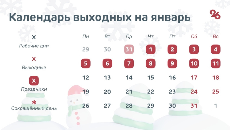    Календарь выходных в январе Фото: Антон Глушков / / ИА «Победа26»