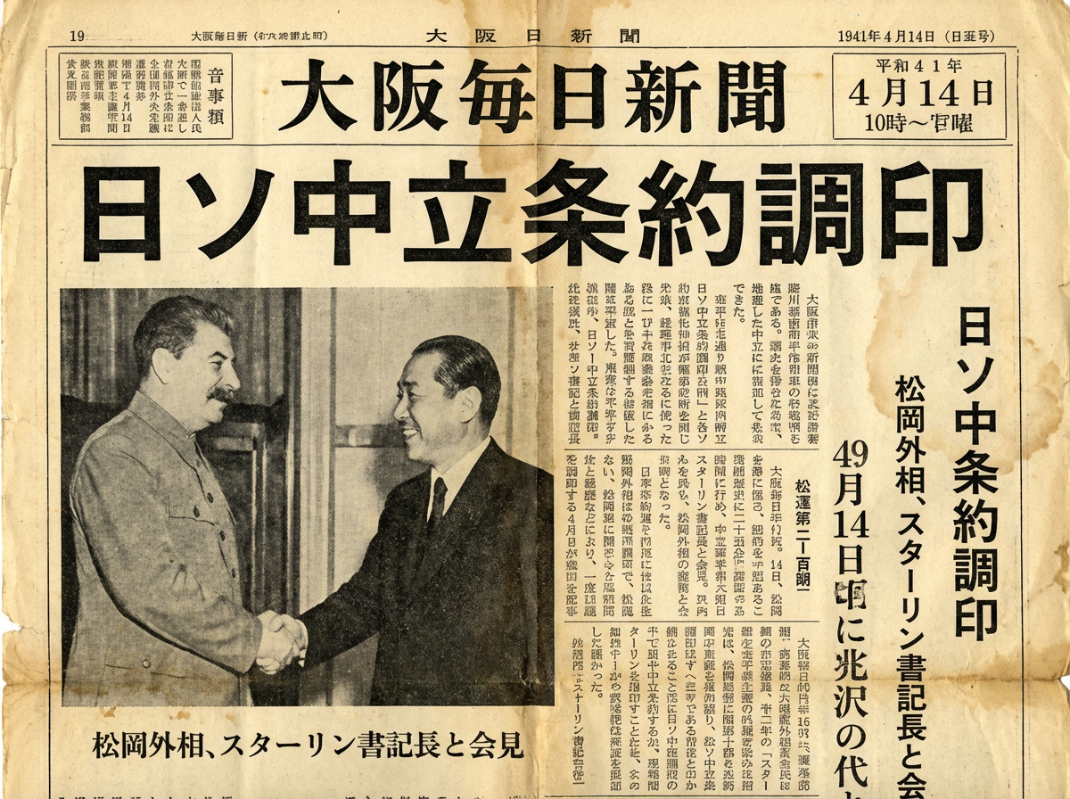 Скан газеты «Осака Маиничи» с иероглифами и фотографией Мацуоки и Сталина. (сгенерировано ИИ)