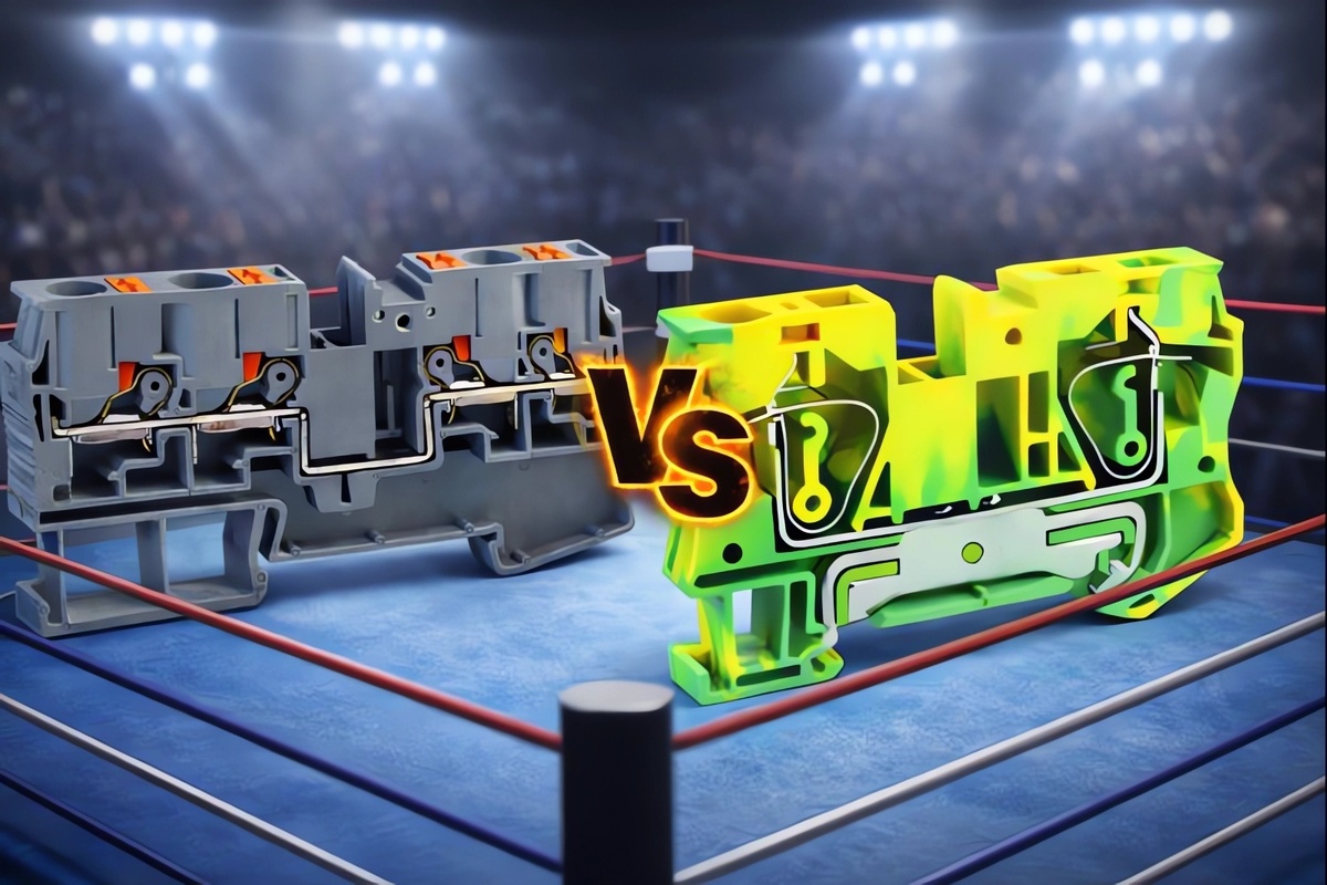 слева нажимная клемма Push-In, справа пружинная клемма