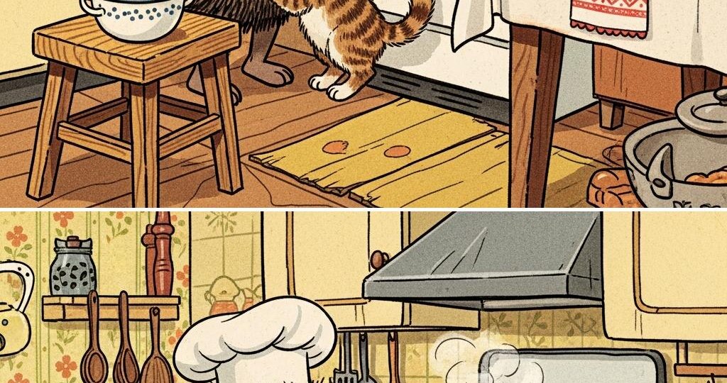 Тест на внимание. Хитрый повар и любопытный котёнок. 8 отличий.