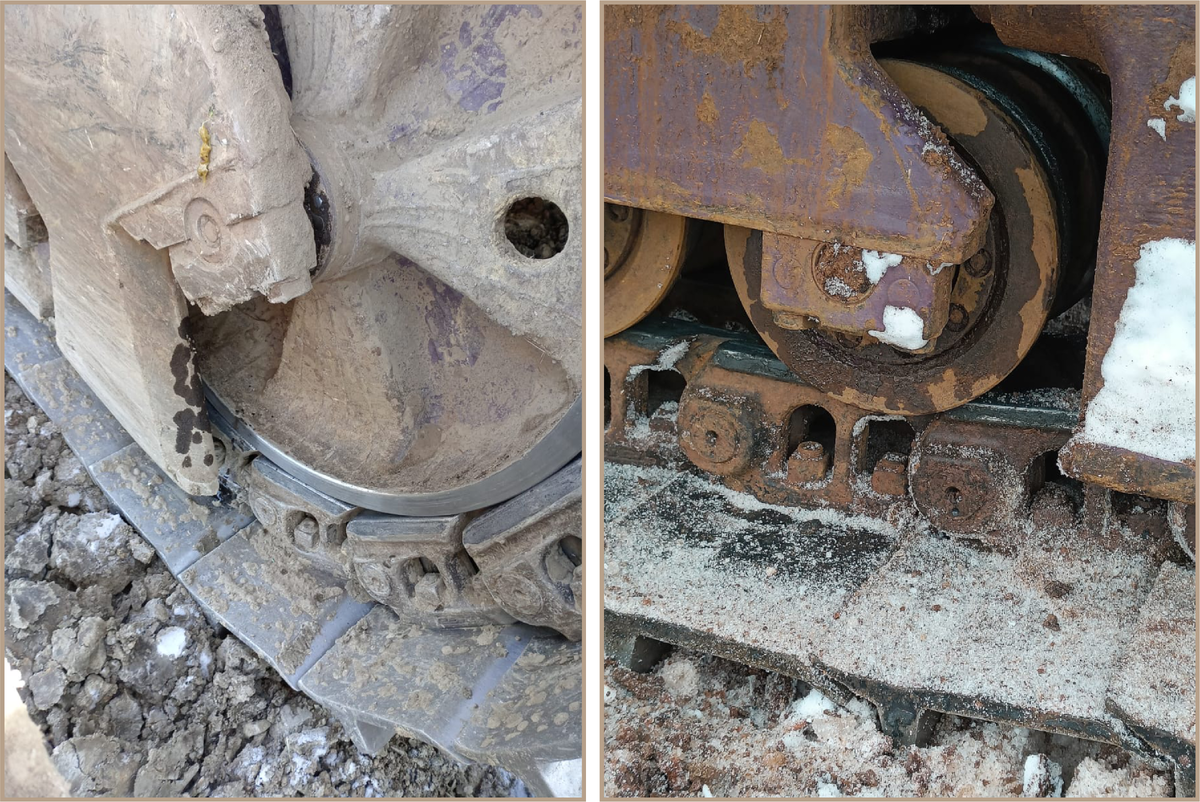 На фото: следы течи масла из натяжного колеса и катка