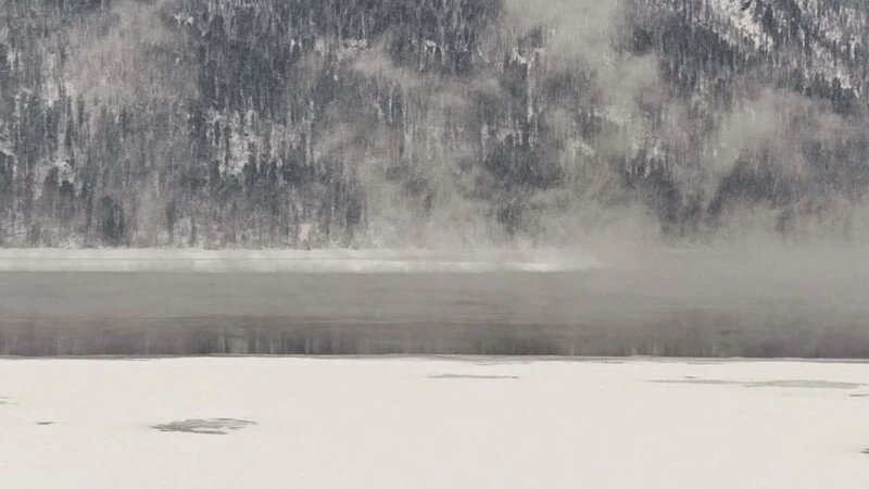     Телецкое озеро в клубах пара. Светлана Кульбацкая, Роман и Татьяна Воробьевы