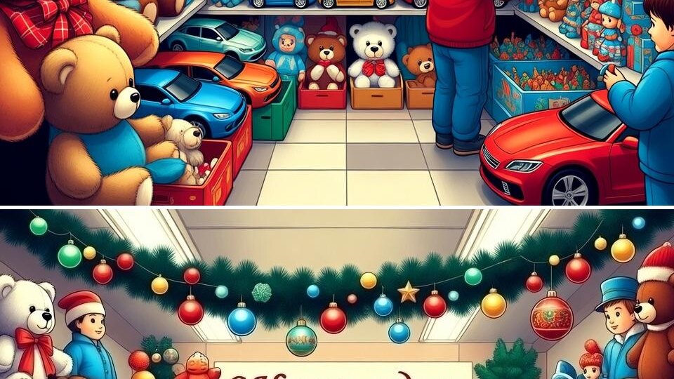 Тест на внимательность. Новогодний магазин игрушек. 10 отличий.