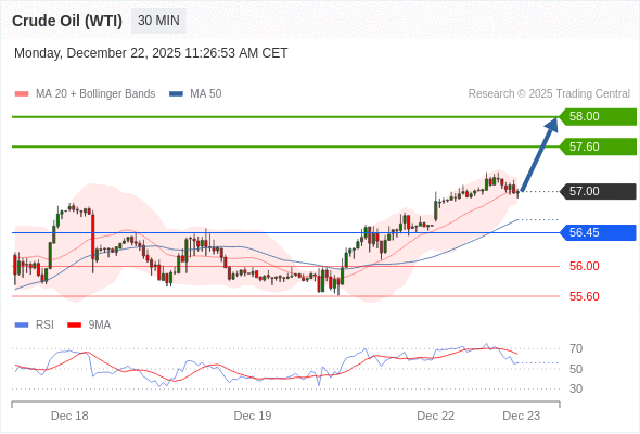 Нефть (WTI) (G6) в течение дня: Tенденция остается бычьей.  Наша точка разворота находится на уровне 56,45. Наше предпочтение:Покупать выше 56,45 с целевыми точками 57,60 и 58,00. Альтернативный сценарий:Прорыв вниз уровня 56,45 откроет путь к 56,00 и 55,60. Анализ:Следующие уровни сопротивления находятся на отметках 57,60 и 58,00. 