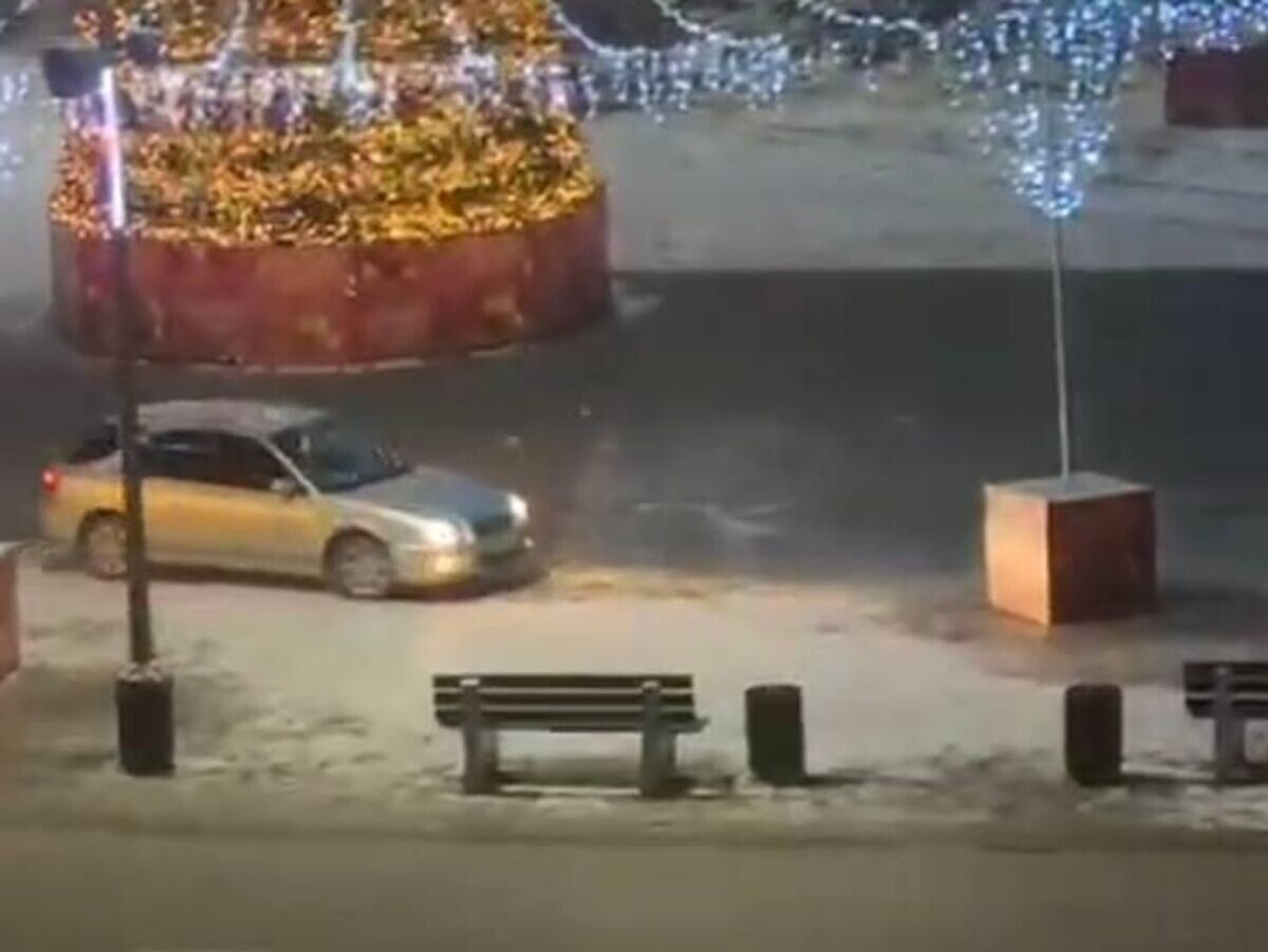    Водитель автомобиля нарезал круги вокруг новогодней ели на Центральной площади города Партизанска в Приморье | © Полиция Приморья/Telegram