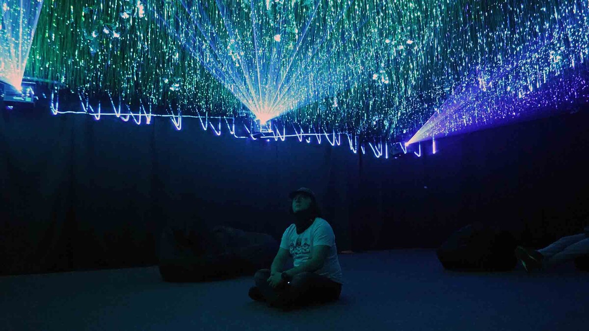 Инсталляция создана с помощью лазерных проекторов, стробоскопов и многоканальной звуковой системы. Листайте галерею, чтобы увидеть ещё фото