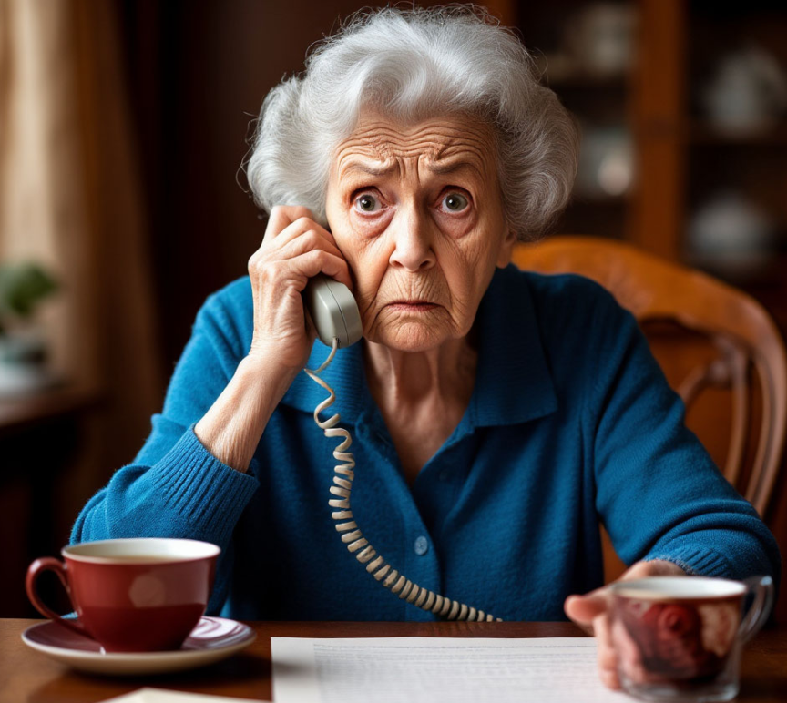 Пожилая женщина с телефонной трубкой, на лице тревога
