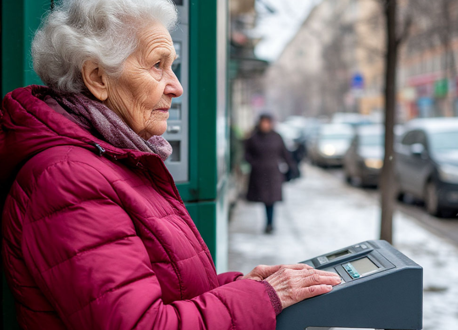 Пожилая женщина бежит к банкомату с запиской в руке