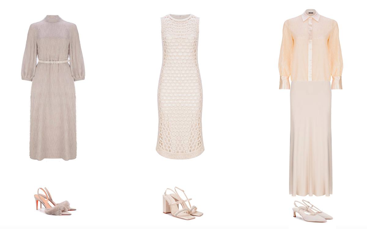 1. Платье Peserico, босоножки Santoni. 2. Платье и босоножки Peserico. 3. Блузка, юбка и туфли Peserico.