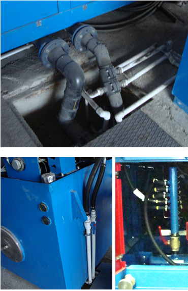 Пример подключения подачи и отвода охлаждающей воды к установке индукционного нагрева. Маленькие трубки охлаждение узлов гидростанций и других узлов линии.