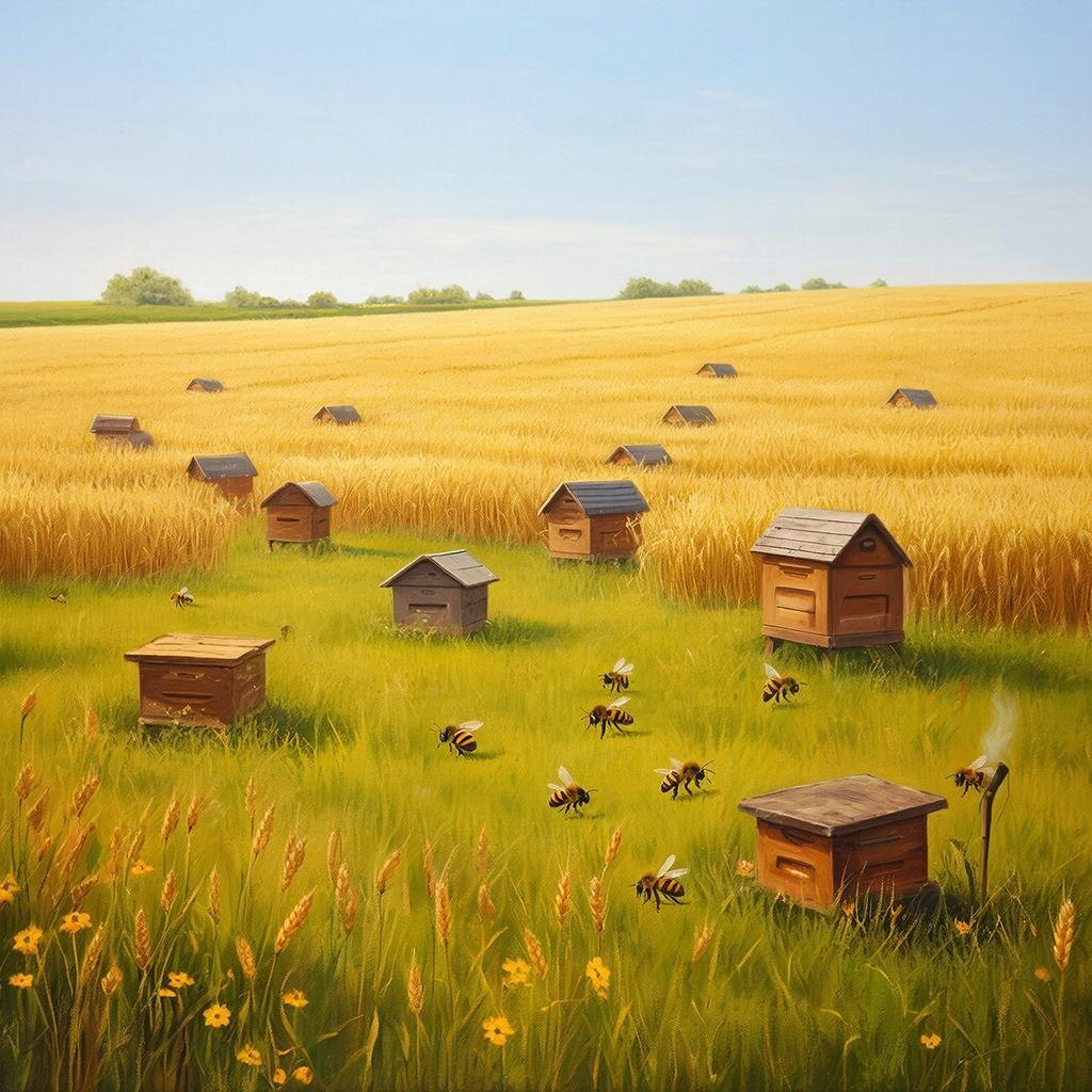 Симбиоз полей и ульев. Изображение сгенерировано сервисом GigaChat