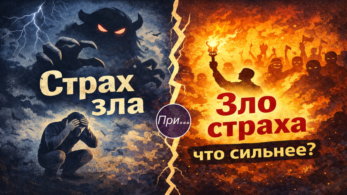 Титульная иллюстрация к статье Олега Лубски "Страх зла или зло страха — что сильнее?" | © авторы коллажа — ChatGPT5.2 & Олег Лубски 2025