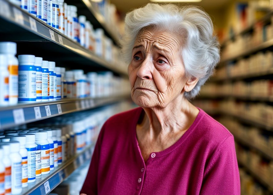  Пожилая женщина с рецептом в руке стоит у  полки в аптеке