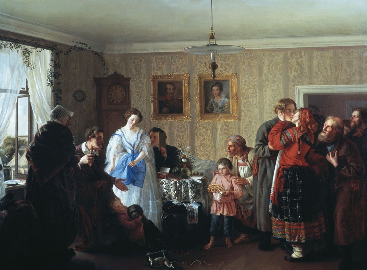 Григорий Мясоедов. "Поздравление молодых в доме помещика"