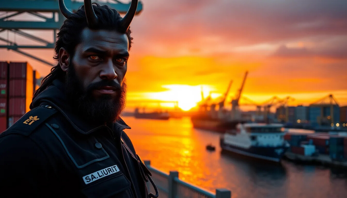 Хеймдалль в образе охранника копенгагенского порта. Высокий темнокожий мужчина с пронзительными золотыми глазами стоит на фоне заката, контейнерных кранов и кораблей. Страж Биврёста, который теперь охраняет совсем другие врата.