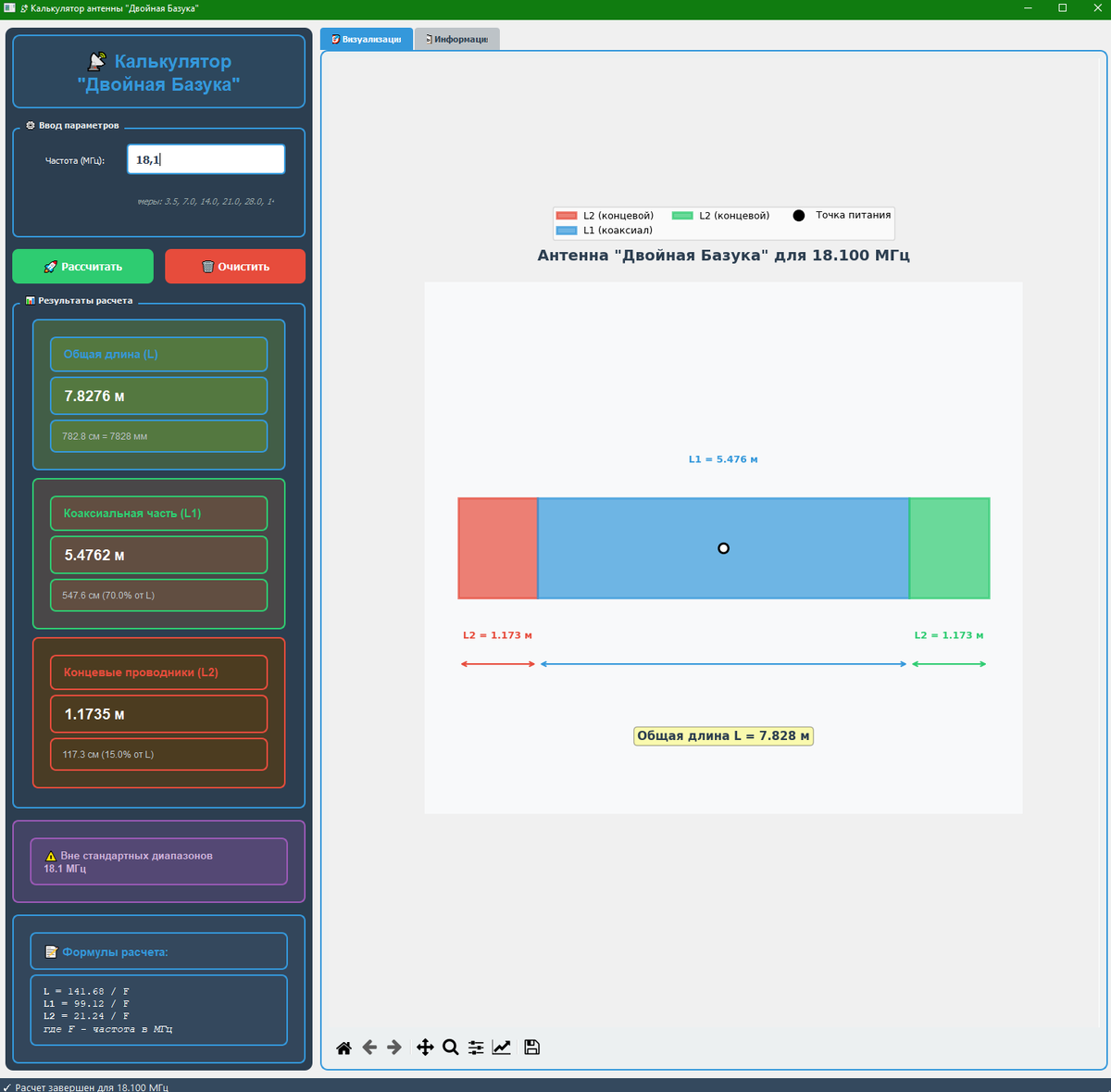 Рисунок 2 - Экранная форма программы для расчета геометрических параметров антенны "Двойная Базука"